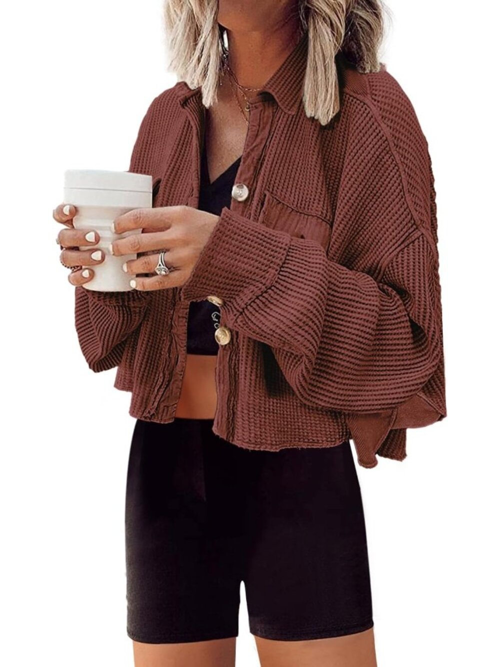 Women Navy Cropped Waffle Knit Button Down Batwing Sleeve Pocket Cardigan Jacket